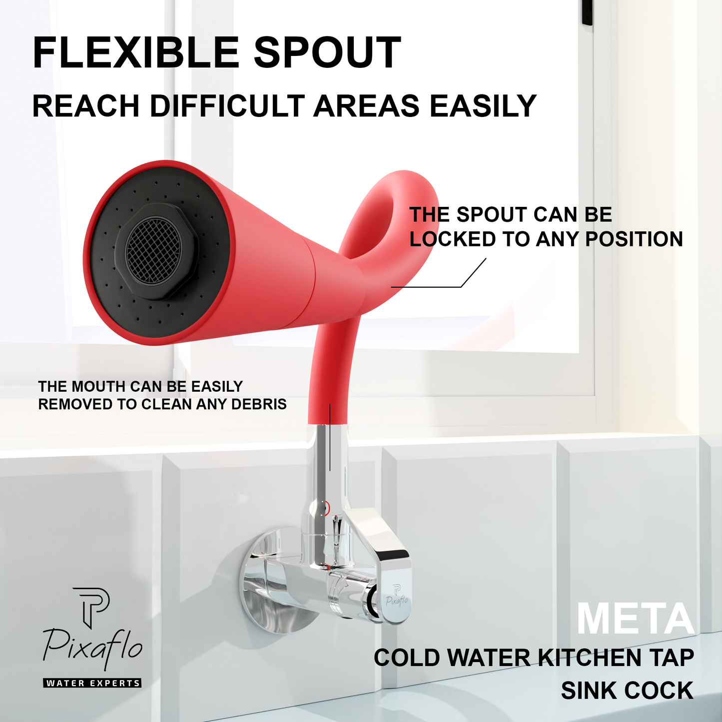 Pixaflo Meta Brass Sink Cock Tap with Wall Flange | with Red Dual Flow 360-degree Swivel Flexible Silicone Swivel Spout for Kitchen Sink | Wall Mounted