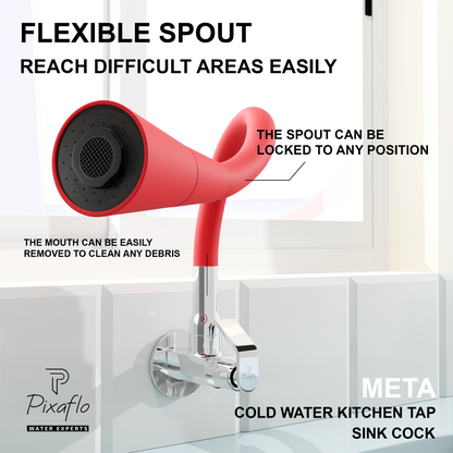 Pixaflo Meta Brass Sink Cock Tap with Wall Flange | with Red Dual Flow 360-degree Swivel Flexible Silicone Swivel Spout for Kitchen Sink | Wall Mounted