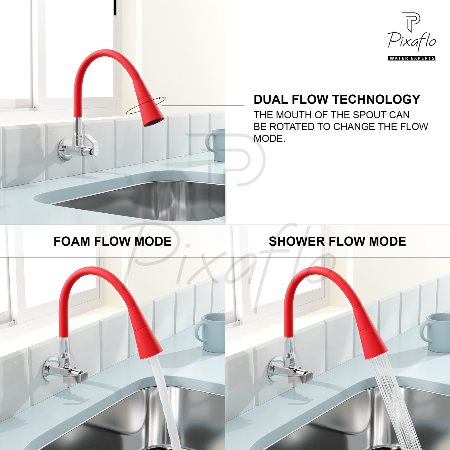 Pixaflo Meta Brass Sink Cock Tap with Wall Flange | with Red Dual Flow 360-degree Swivel Flexible Silicone Swivel Spout for Kitchen Sink | Wall Mounted