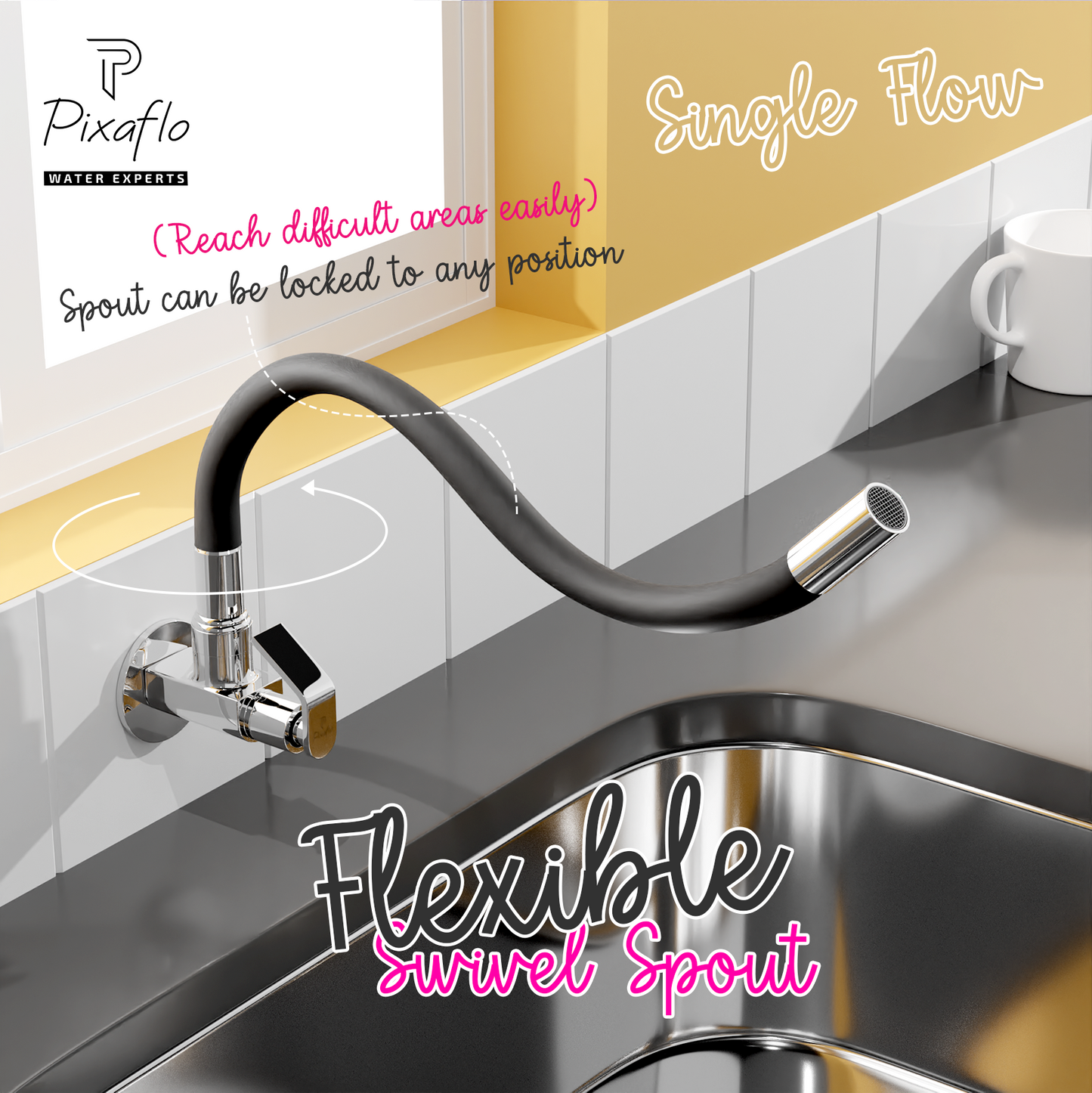 Pixaflo Meta Brass Sink Cock Tap with Wall Flange | with Black Foam Flow 360-degree Swivel Flexible Silicone Swivel Spout for Kitchen Sink | Wall Mounted