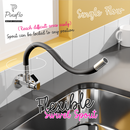 Pixaflo Meta Brass Sink Cock Tap with Wall Flange | with Black Foam Flow 360-degree Swivel Flexible Silicone Swivel Spout for Kitchen Sink | Wall Mounted