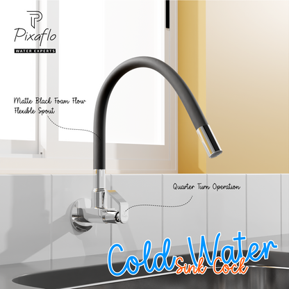 Pixaflo Meta Brass Sink Cock Tap with Wall Flange | with Black Foam Flow 360-degree Swivel Flexible Silicone Swivel Spout for Kitchen Sink | Wall Mounted