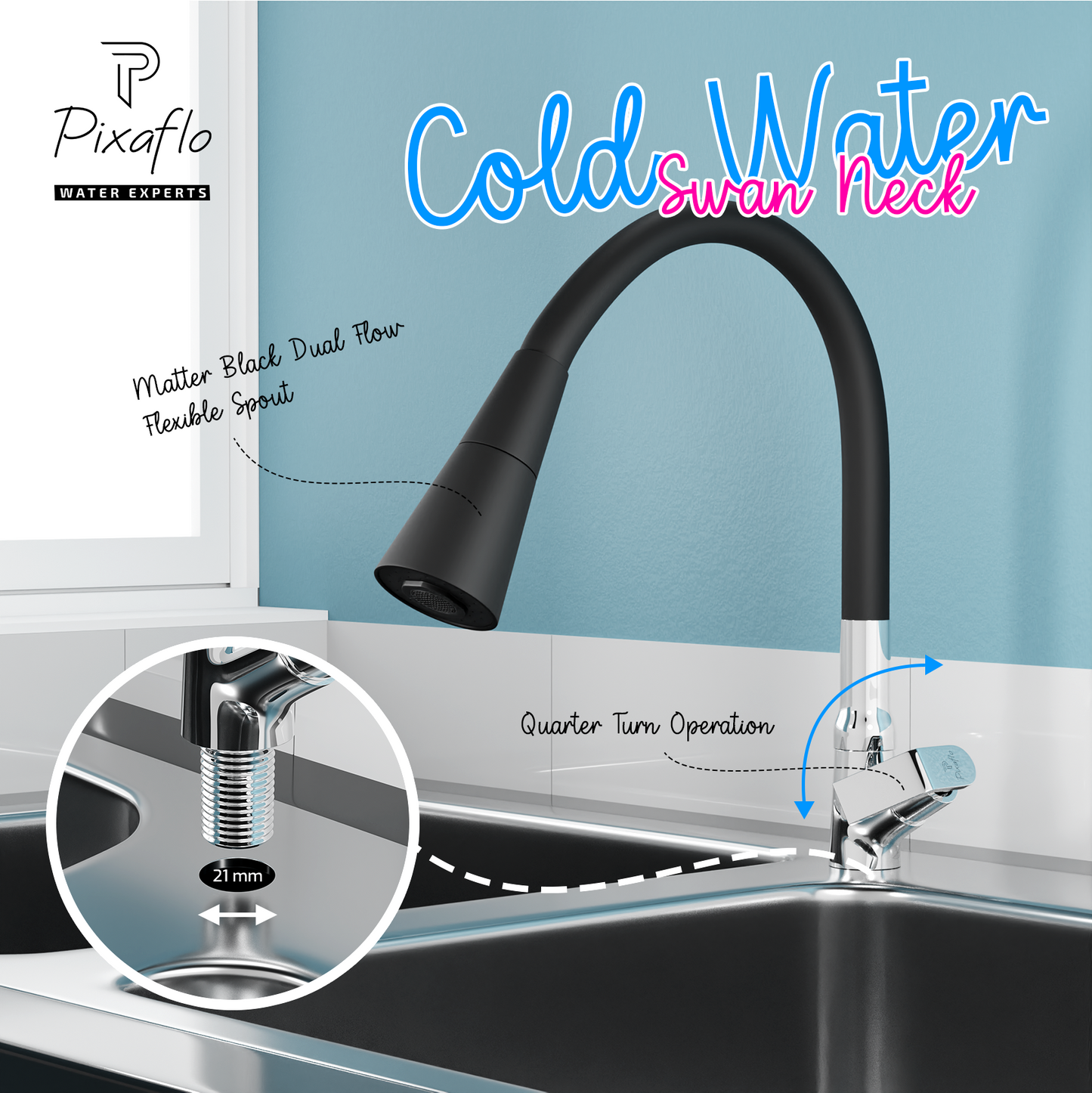 Pixaflo Meta Brass Swan Neck Tap | with Black Dual Flow 360-degree Swivel Flexible Silicone Swivel Spout for Kitchen Sink and Wash Basin