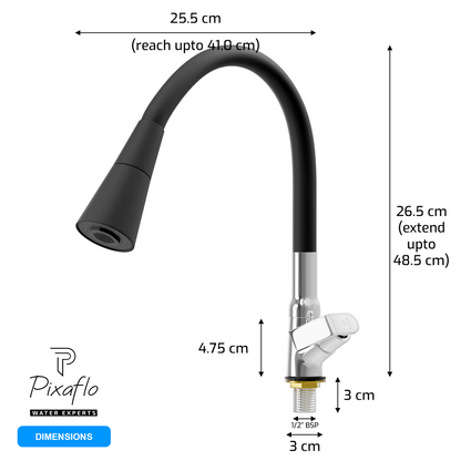Pixaflo Meta Brass Swan Neck Tap | with Black Dual Flow 360-degree Swivel Flexible Silicone Swivel Spout for Kitchen Sink and Wash Basin