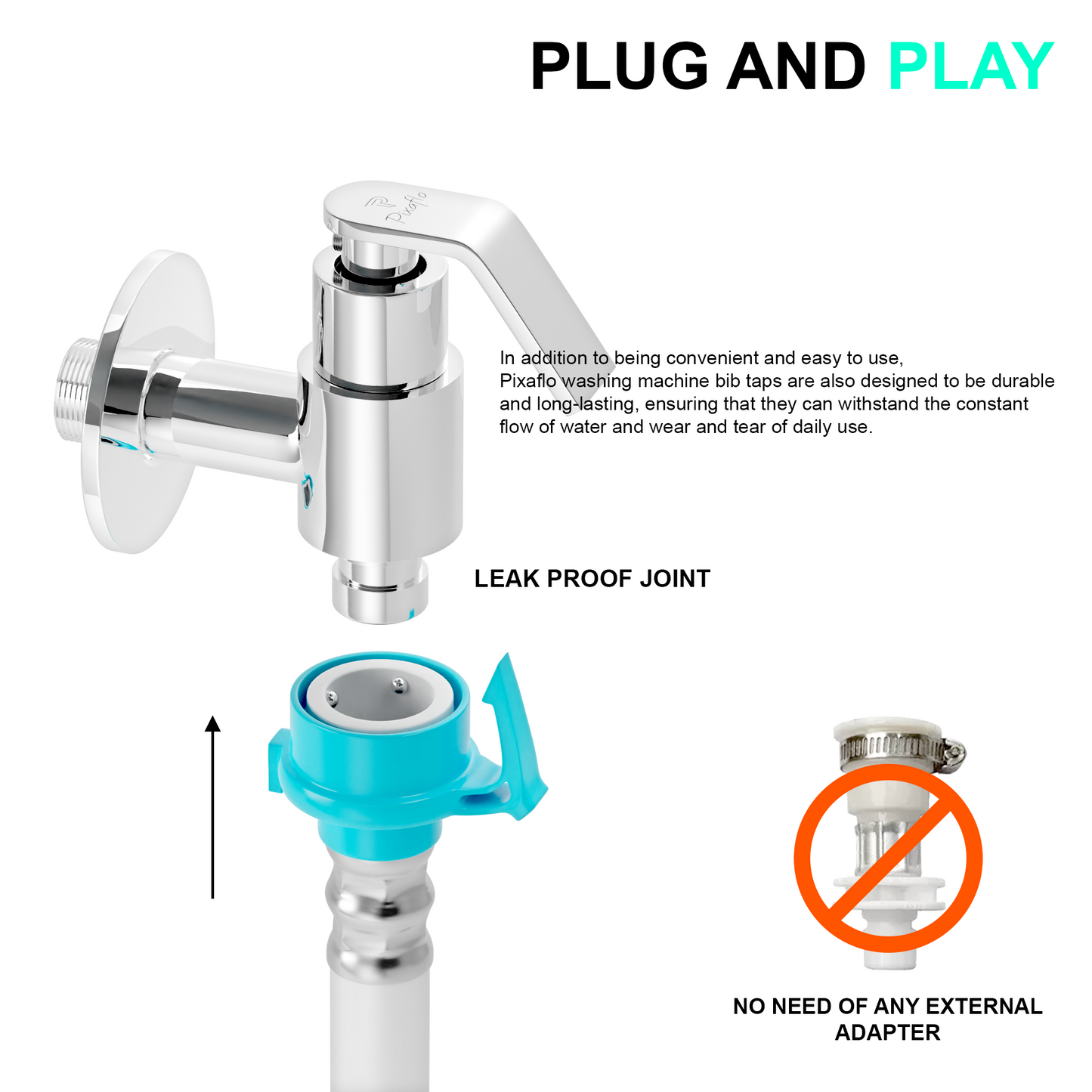 Pixaflo Meta Brass Washing Machine Tap with Wall Flange | Chrome Finish