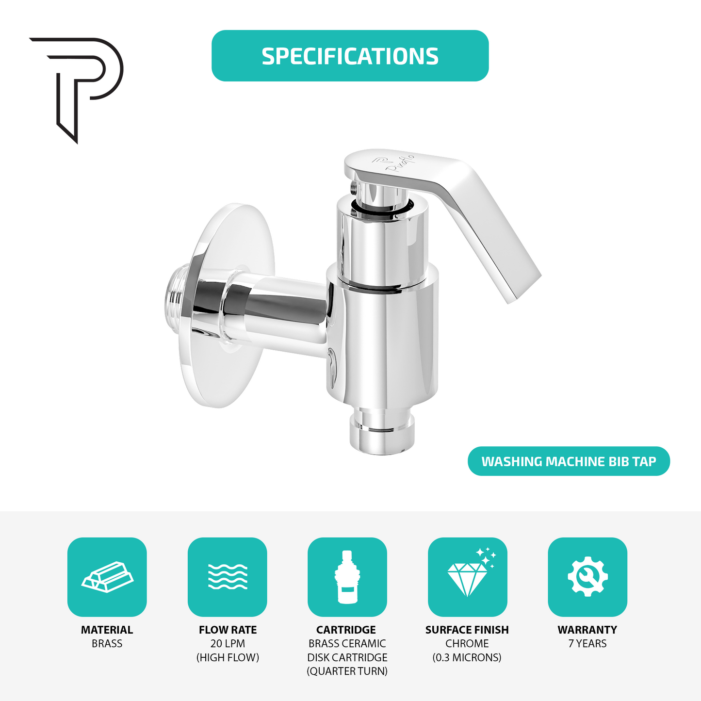 Pixaflo Meta Brass Washing Machine Tap with Wall Flange | Chrome Finish