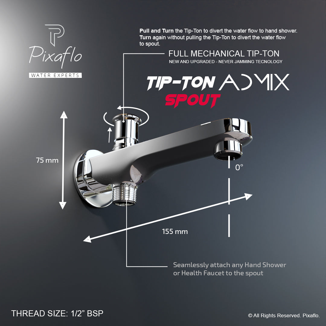 Pixaflo Admix Brass Bath Tub Diverter Spout with Wall Flange Combo | Tip-Ton | Chrome Finish | Pack of 2