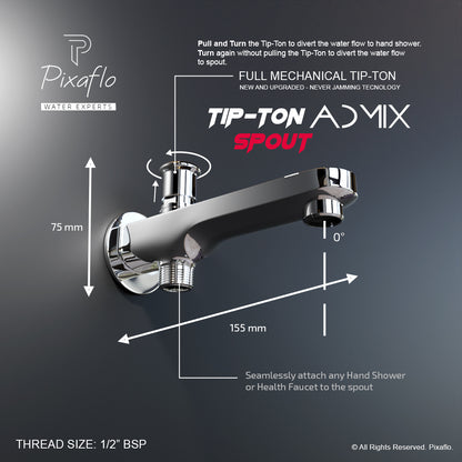 Pixaflo Admix Brass Bath Tub Diverter Spout with Wall Flange | Tip-Ton | Chrome Finish
