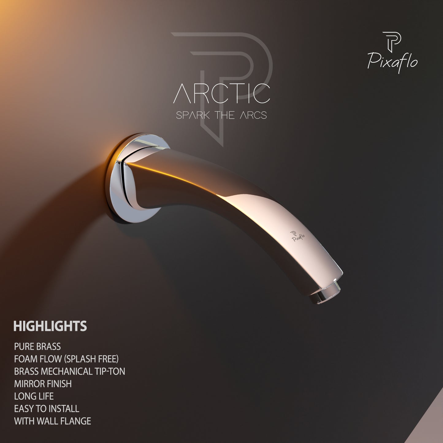 Pixaflo Arc Brass Bath Tub Spout with Wall Flange | High Flow | Chrome