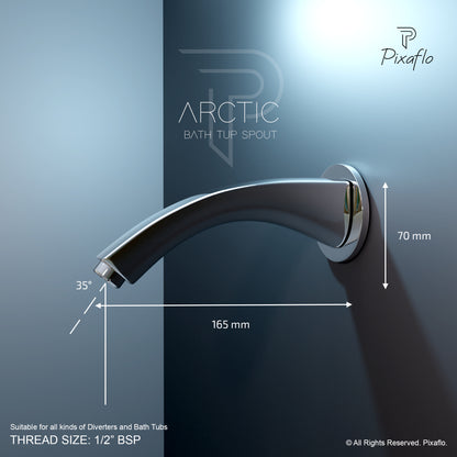 Pixaflo Arc Brass Bath Tub Spout with Wall Flange | High Flow | Chrome