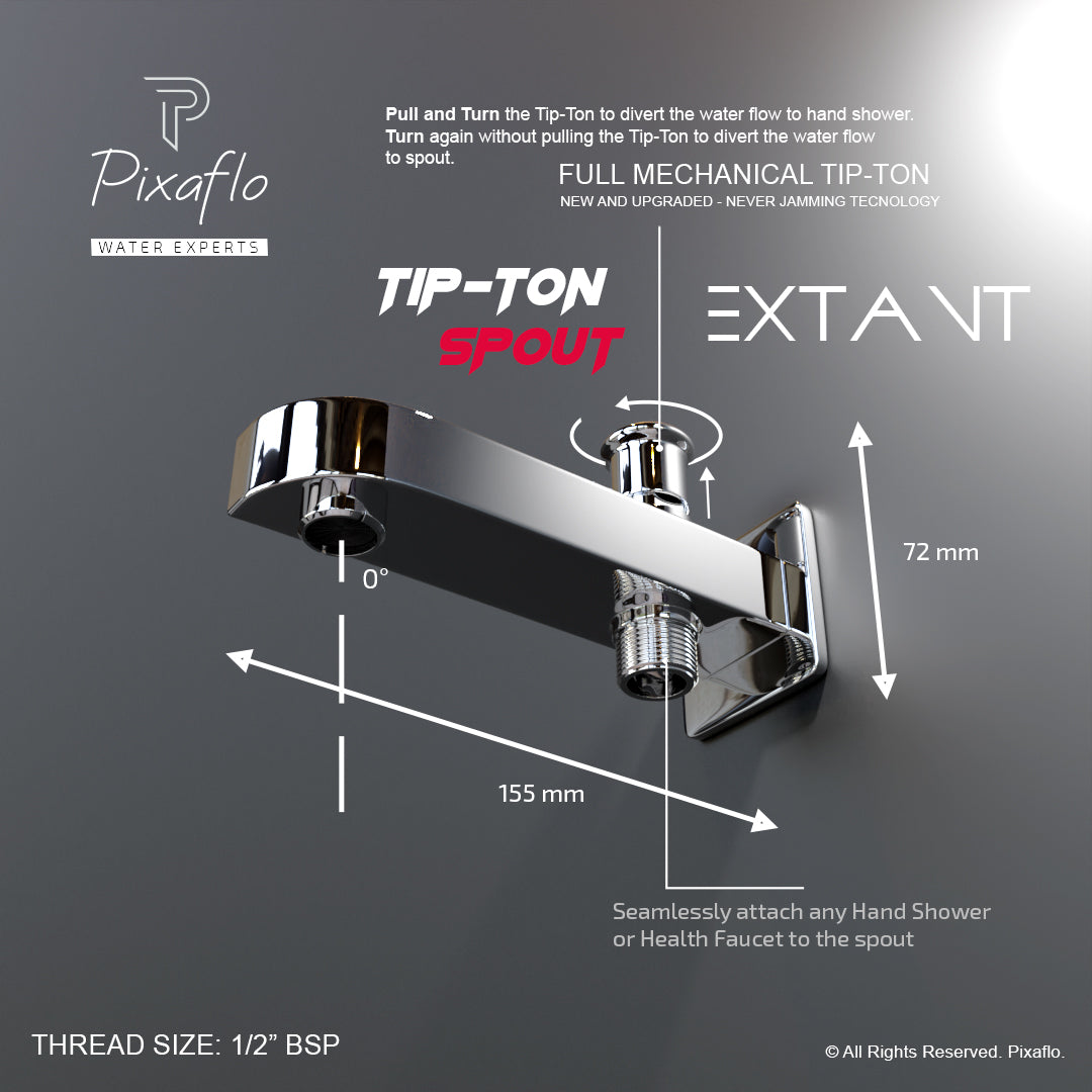 Pixaflo Extant Brass Bath Tub Diverter Spout with Wall Flange | Tip-Ton | Chrome Finish