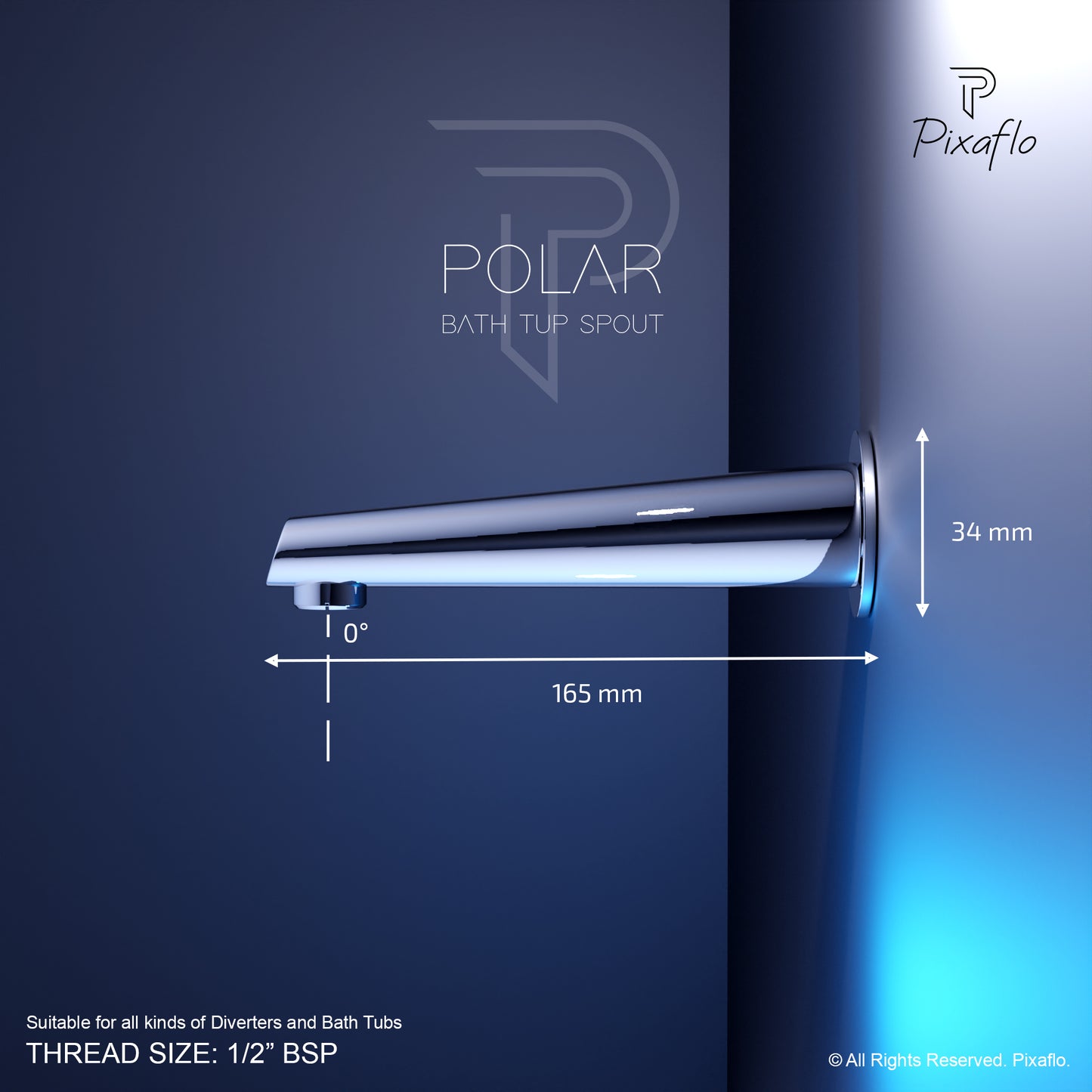 Pixaflo Polar Brass Bath Tub Spout with Wall Flange | High Flow | Chrome