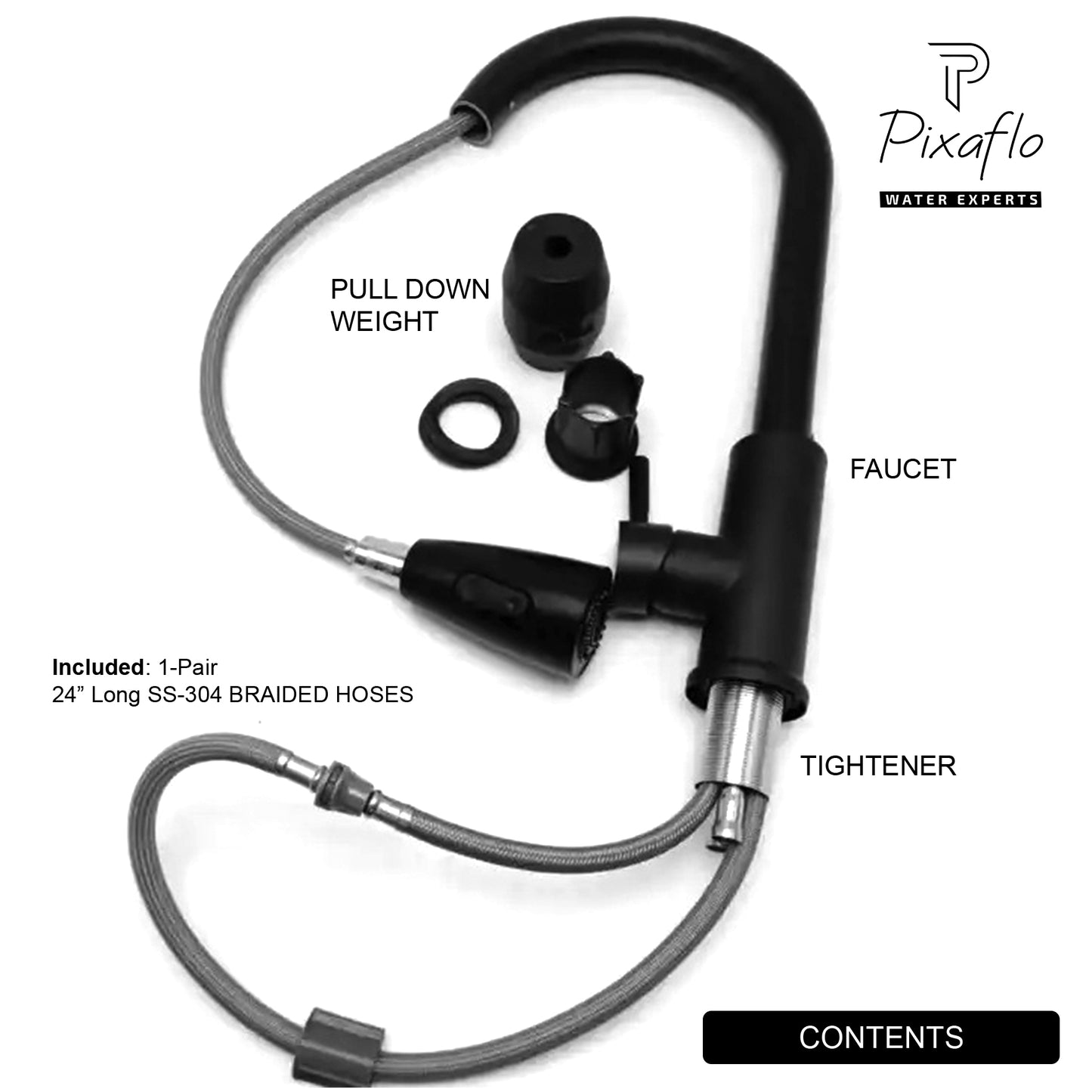 Pixaflo SS 304 Pull Out Kitchen Sink Mixer Tap with Swivel Spout and Connection Hoses | Deck Mounted | Matte Black