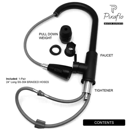 Pixaflo SS 304 Pull Out Kitchen Sink Mixer Tap with Swivel Spout and Connection Hoses | Deck Mounted | Matte Black