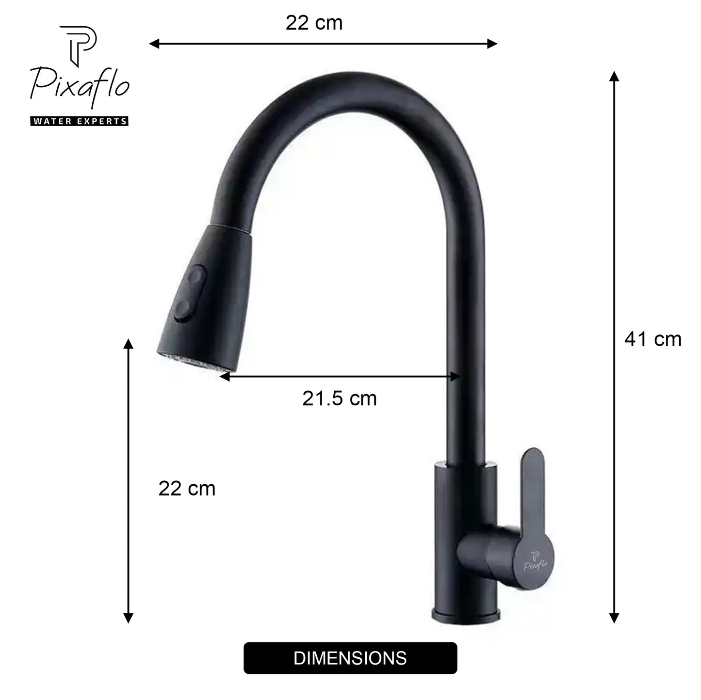 Pixaflo SS 304 Pull Out Kitchen Sink Mixer Tap with Swivel Spout and Connection Hoses | Deck Mounted | Matte Black
