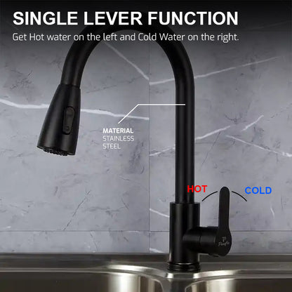 Pixaflo SS 304 Pull Out Kitchen Sink Mixer Tap with Swivel Spout and Connection Hoses | Deck Mounted | Matte Black