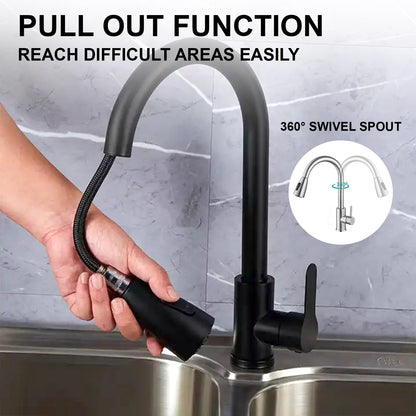 Pixaflo SS 304 Pull Out Kitchen Sink Mixer Tap with Swivel Spout and Connection Hoses | Deck Mounted | Matte Black