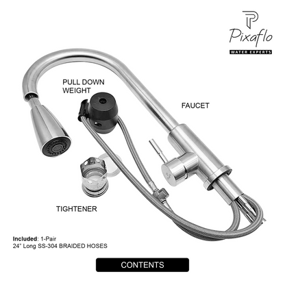Pixaflo SS 304 Pull Out Kitchen Sink Mixer Tap with Swivel Spout and Connection Hoses | Deck Mounted (Brushed Silver)