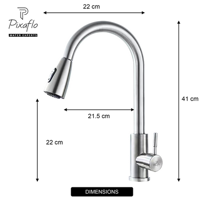 Pixaflo SS 304 Pull Out Kitchen Sink Mixer Tap with Swivel Spout and Connection Hoses | Deck Mounted (Brushed Silver)