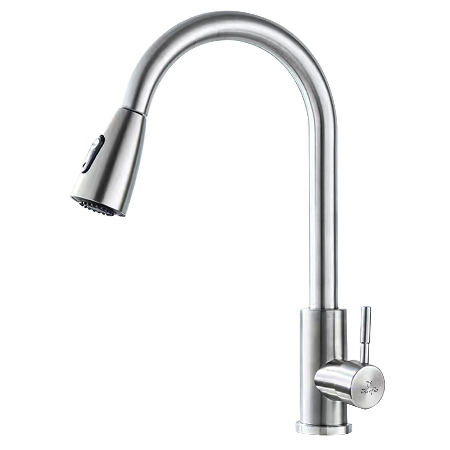 Pixaflo SS 304 Pull Out Kitchen Sink Mixer Tap with Swivel Spout and Connection Hoses | Deck Mounted (Brushed Silver)