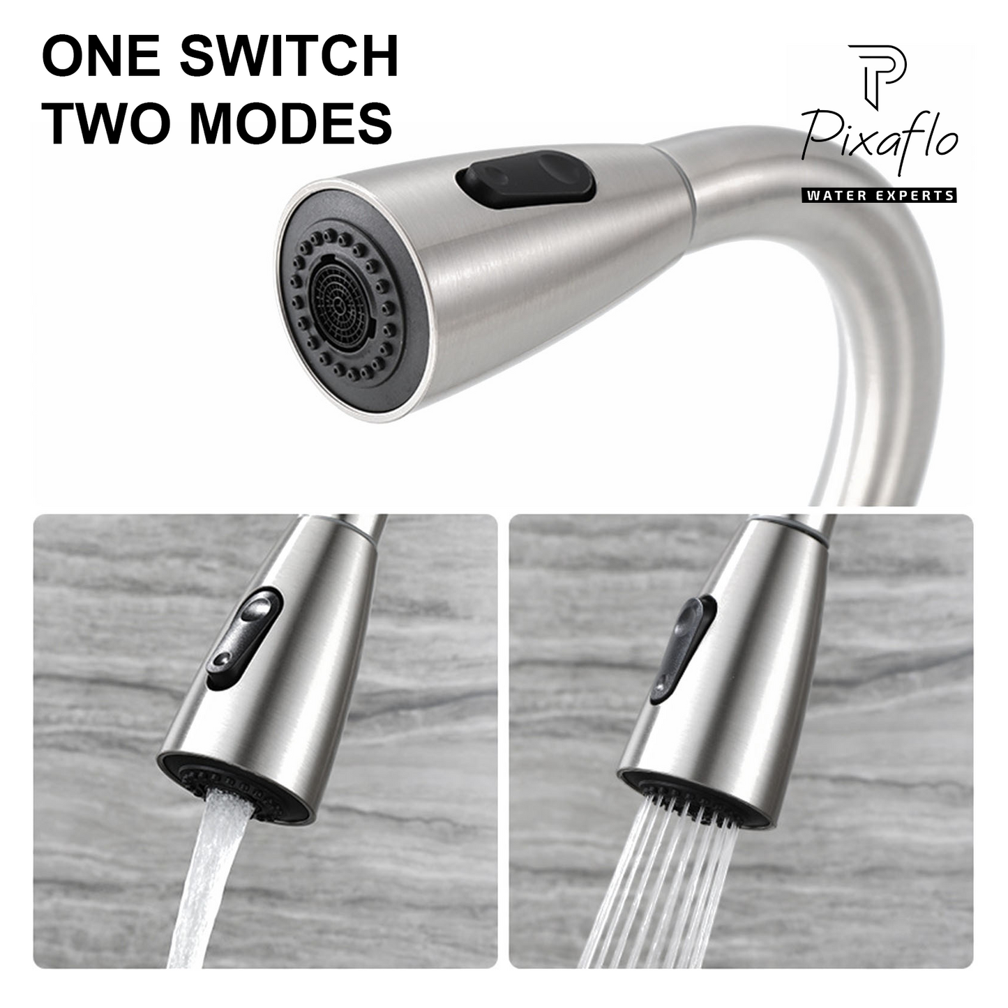 Pixaflo SS 304 Pull Out Kitchen Sink Mixer Tap with Swivel Spout and Connection Hoses | Deck Mounted (Brushed Silver)
