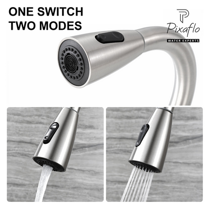 Pixaflo SS 304 Pull Out Kitchen Sink Mixer Tap with Swivel Spout and Connection Hoses | Deck Mounted (Brushed Silver)