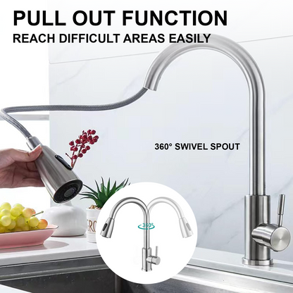 Pixaflo SS 304 Pull Out Kitchen Sink Mixer Tap with Swivel Spout and Connection Hoses | Deck Mounted (Brushed Silver)