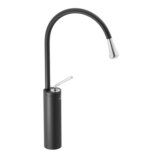 Pixaflo Raindrop Brass Extended Tall Body Hot & Cold Single Lever Joystick Basin Mixer 17 inches Tap with 360-Degree Swivel Spout and 18 inches Long Braided Hoses | Matte Black