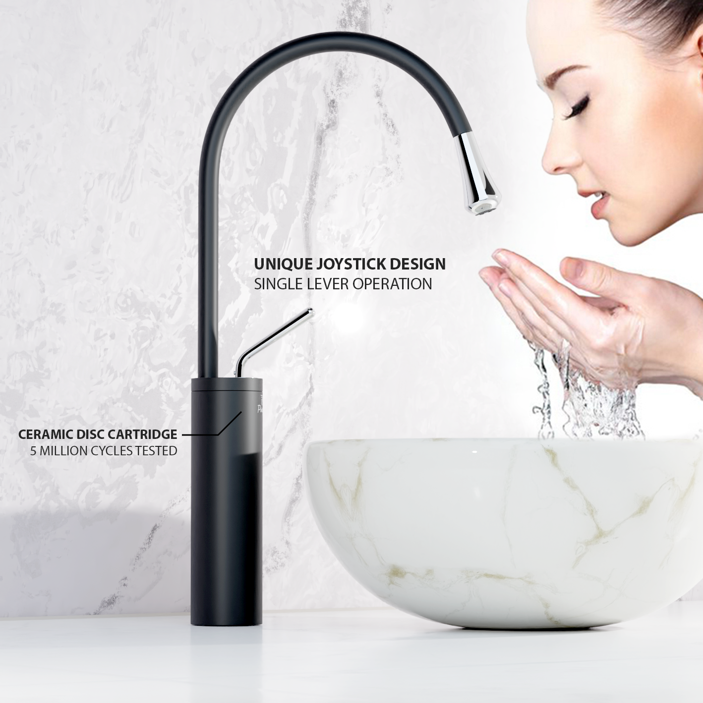 Pixaflo Raindrop Brass Extended Tall Body Hot & Cold Single Lever Joystick Basin Mixer 17 inches Tap with 360-Degree Swivel Spout and 18 inches Long Braided Hoses | Matte Black