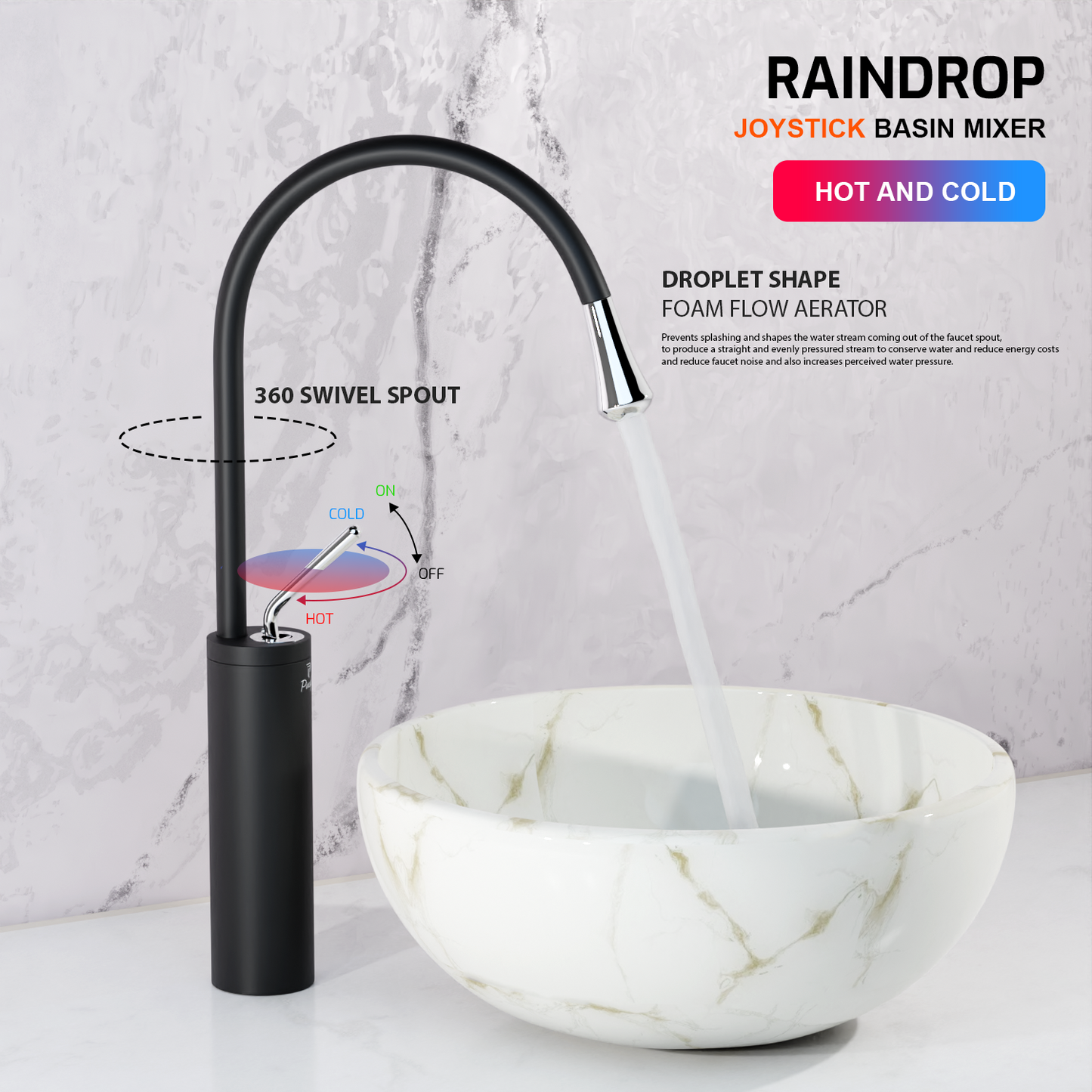 Pixaflo Raindrop Brass Extended Tall Body Hot & Cold Single Lever Joystick Basin Mixer 17 inches Tap with 360-Degree Swivel Spout and 18 inches Long Braided Hoses | Matte Black
