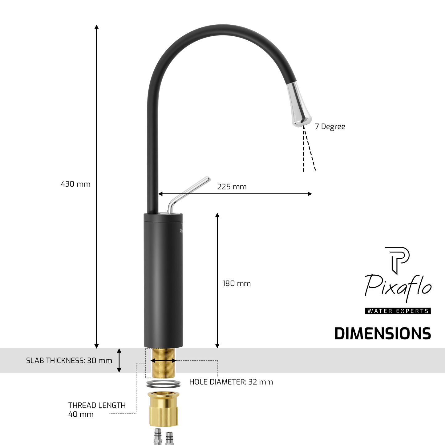 Pixaflo Raindrop Brass Extended Tall Body Hot & Cold Single Lever Joystick Basin Mixer 17 inches Tap with 360-Degree Swivel Spout and 18 inches Long Braided Hoses | Matte Black