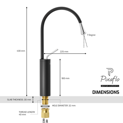 Pixaflo Raindrop Brass Extended Tall Body Hot & Cold Single Lever Joystick Basin Mixer 17 inches Tap with 360-Degree Swivel Spout and 18 inches Long Braided Hoses | Matte Black