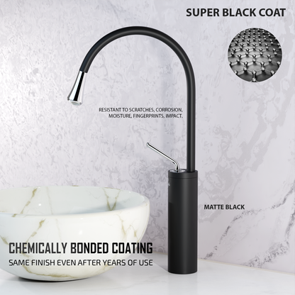 Pixaflo Raindrop Brass Extended Tall Body Hot & Cold Single Lever Joystick Basin Mixer 17 inches Tap with 360-Degree Swivel Spout and 18 inches Long Braided Hoses | Matte Black