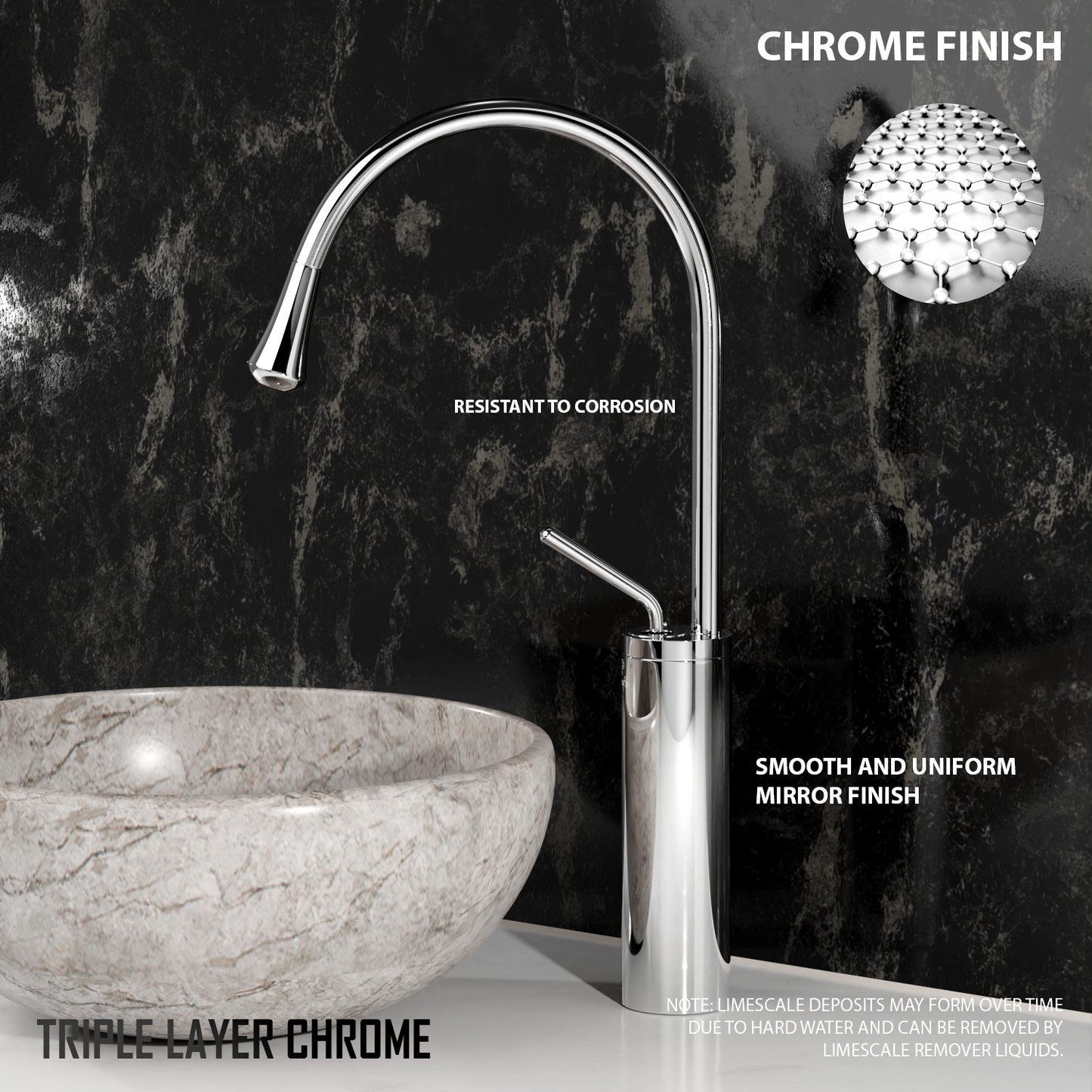 Pixaflo Raindrop Brass Extended Tall Body Hot & Cold Single Lever Joystick Basin Mixer 17 inches Tap with 360-Degree Swivel Spout and 18 inches Long Braided Hoses | Chrome