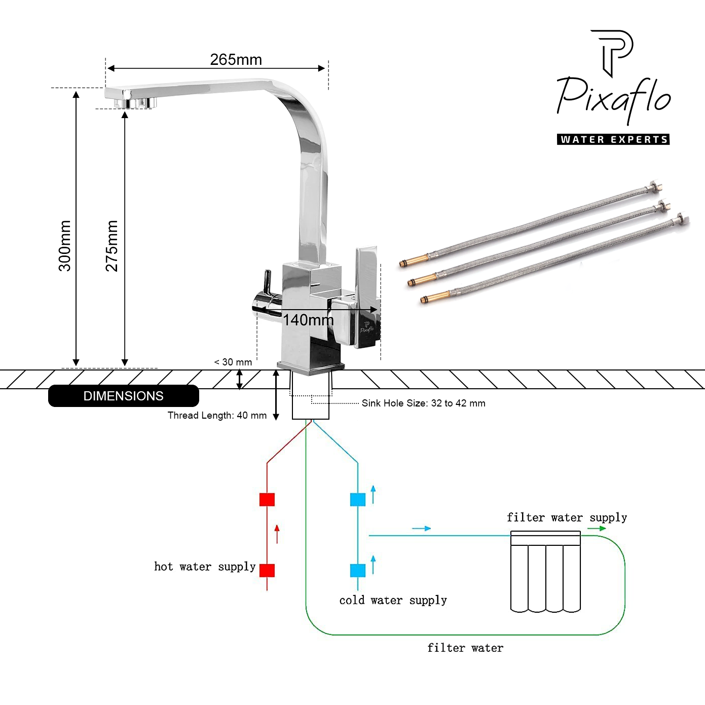 Pixaflo Brass 3 Way RO Kitchen Sink Mixer Tap with Outlet for Aquaguard Filtered Drinking Water, 360 Swivel Spout, Chrome