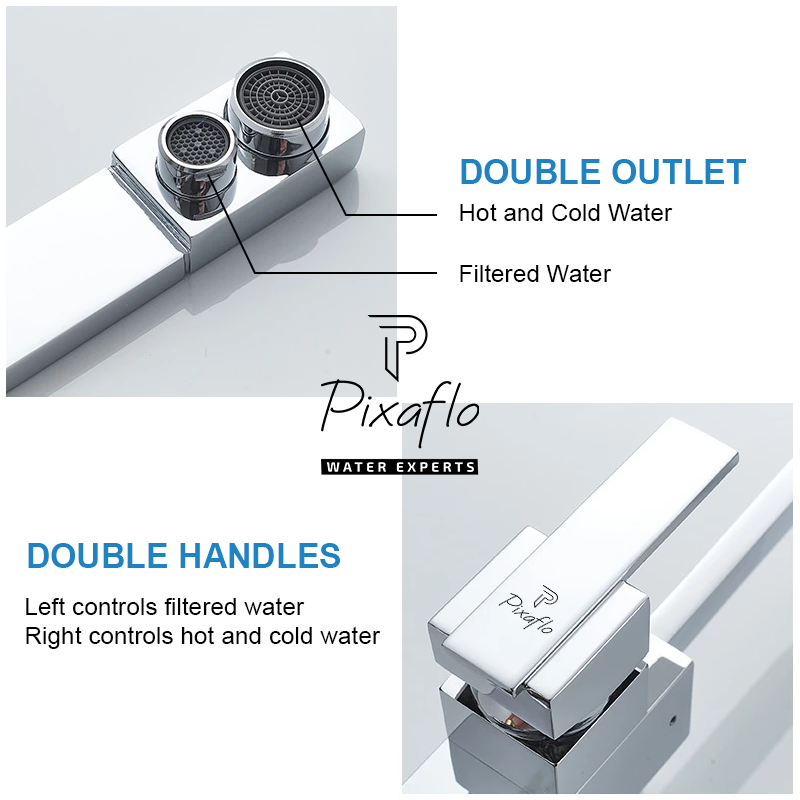 Pixaflo Brass 3 Way RO Kitchen Sink Mixer Tap with Outlet for Aquaguard Filtered Drinking Water, 360 Swivel Spout, Chrome