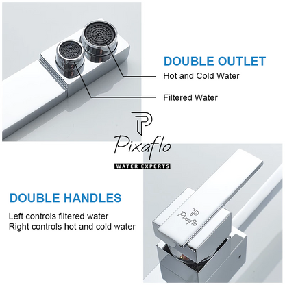 Pixaflo Brass 3 Way RO Kitchen Sink Mixer Tap with Outlet for Aquaguard Filtered Drinking Water, 360 Swivel Spout, Chrome