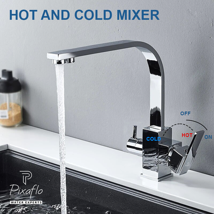 Pixaflo Brass 3 Way RO Kitchen Sink Mixer Tap with Outlet for Aquaguard Filtered Drinking Water, 360 Swivel Spout, Chrome