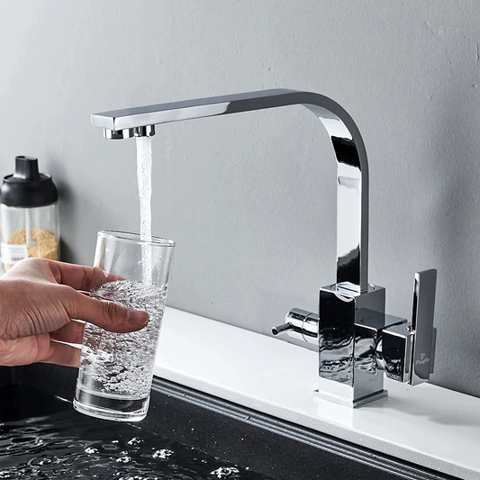 Pixaflo Brass 3 Way RO Kitchen Sink Mixer Tap with Outlet for Aquaguard Filtered Drinking Water, 360 Swivel Spout, Chrome
