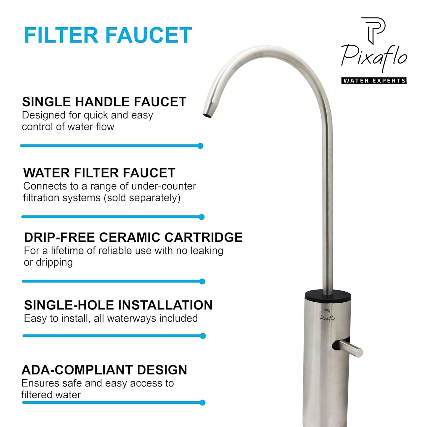 Pixaflo Stainless Steel RO Water Filter Tap | 360° Rotatable Kitchen Sink Faucet | 100% Lead-Free Drinking Water Faucet | 304 Grade Stainless Steel | Brushed Nickel Finish