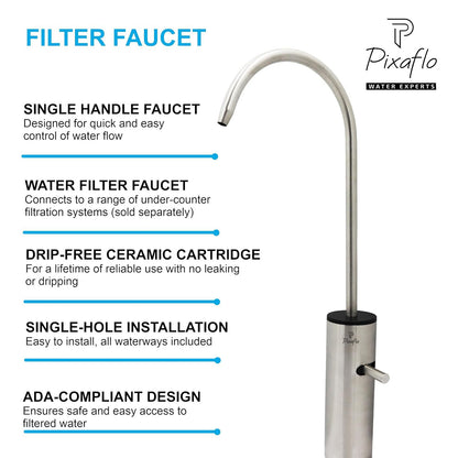 Pixaflo Stainless Steel RO Water Filter Tap | 360° Rotatable Kitchen Sink Faucet | 100% Lead-Free Drinking Water Faucet | 304 Grade Stainless Steel | Brushed Nickel Finish