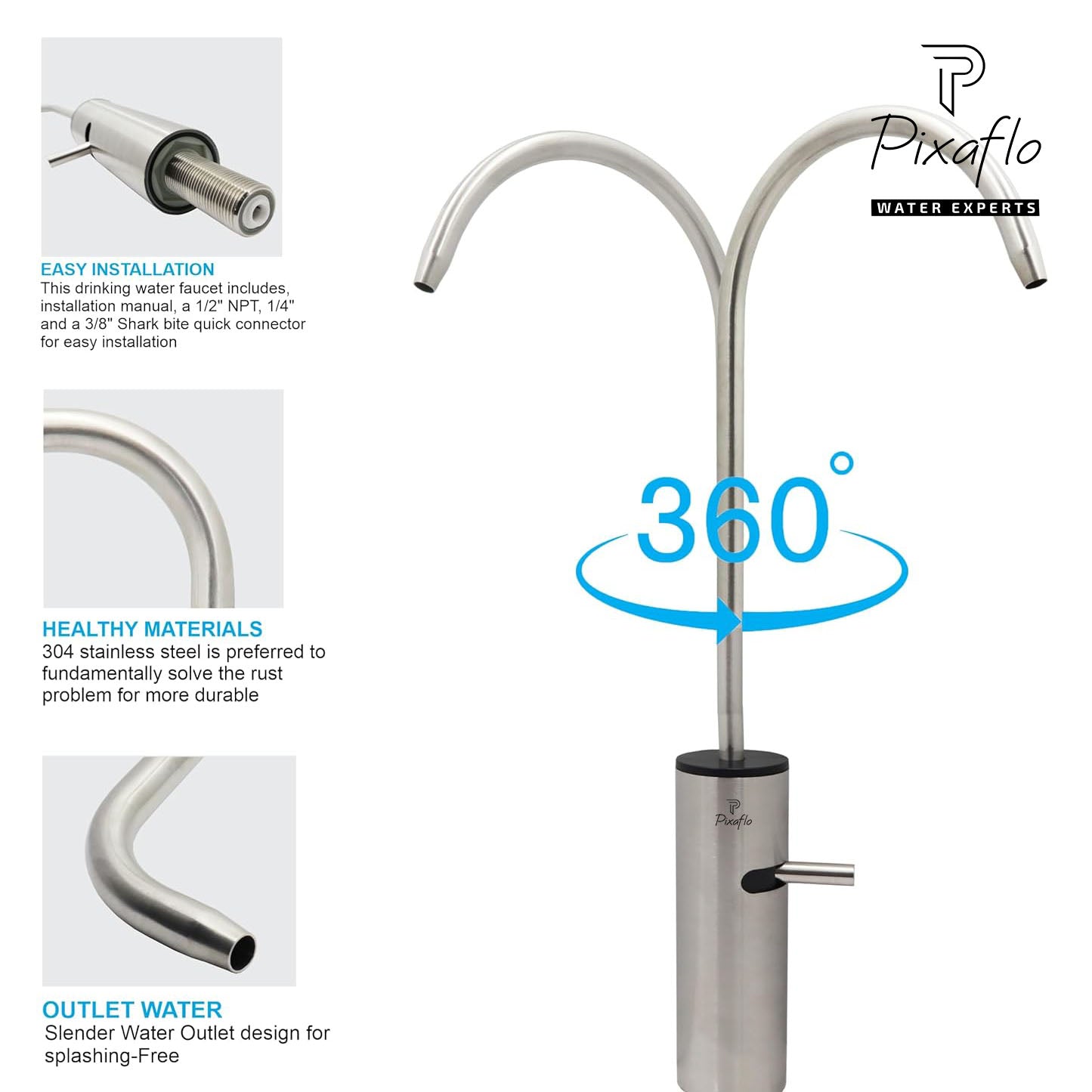 Pixaflo Stainless Steel RO Water Filter Tap | 360° Rotatable Kitchen Sink Faucet | 100% Lead-Free Drinking Water Faucet | 304 Grade Stainless Steel | Brushed Nickel Finish