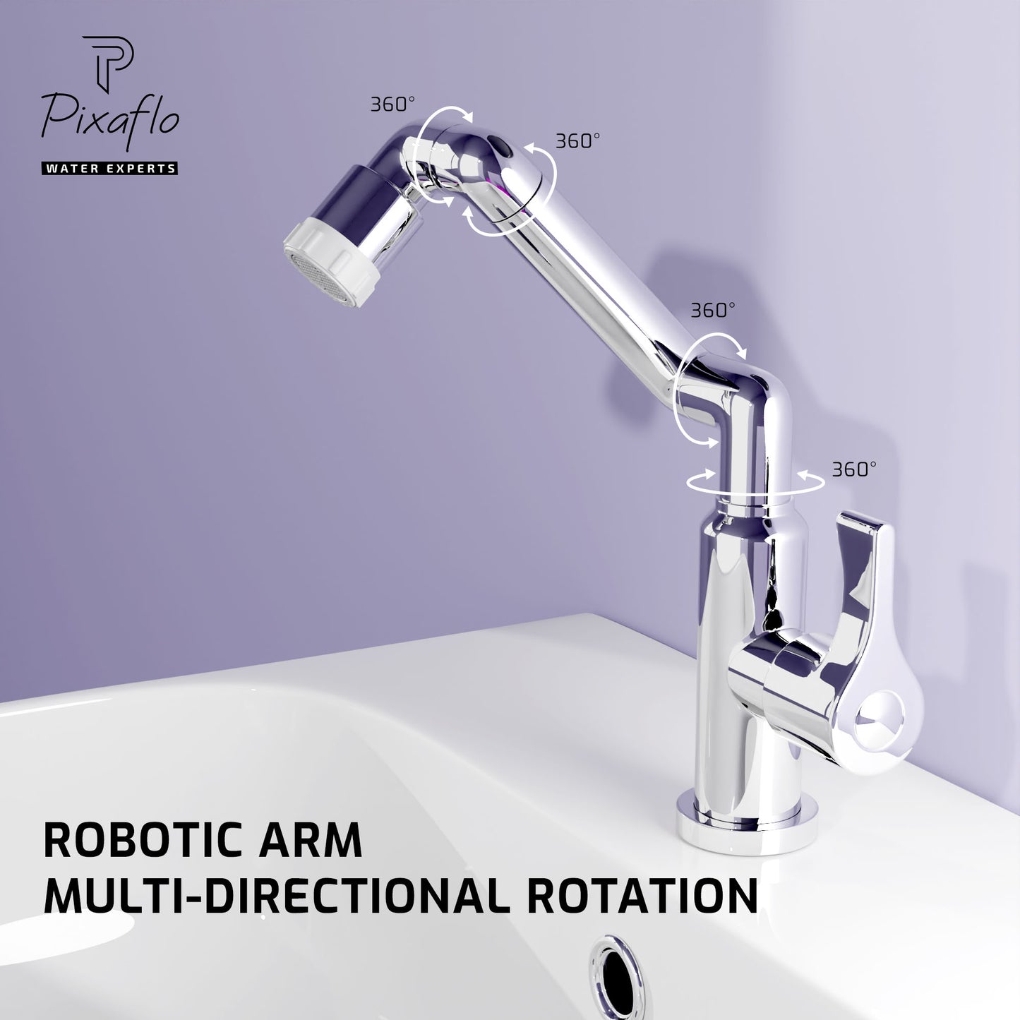 Pixaflo Robotic Arm Swan Neck Tap for Wash Basin | 1080 Degree Swivel Robotic Arm Mechanical Spout | Cold Water Tap | Dual Flow | Chrome Finish