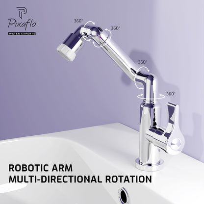 Pixaflo Robotic Arm Swan Neck Tap for Wash Basin | 1080 Degree Swivel Robotic Arm Mechanical Spout | Cold Water Tap | Dual Flow | Chrome Finish
