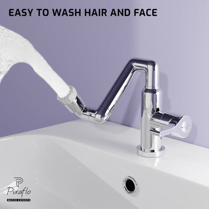 Pixaflo Robotic Arm Swan Neck Tap for Wash Basin | 1080 Degree Swivel Robotic Arm Mechanical Spout | Cold Water Tap | Dual Flow | Chrome Finish