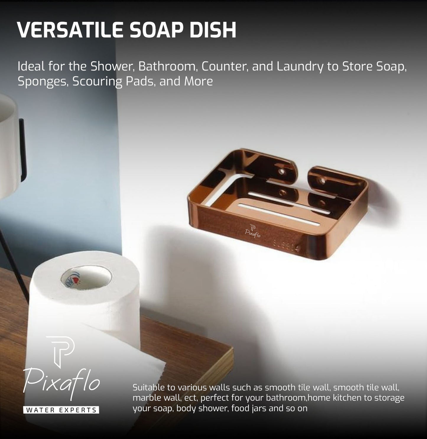 Pixaflo Stainless Steel 304 Grade Bathroom Soap Holder/Soap Stand/Soap Dish | Wall-Mounted | Durable | Anti-Rust | Sleek Black Finish | Bathroom Accessories | Rose Gold