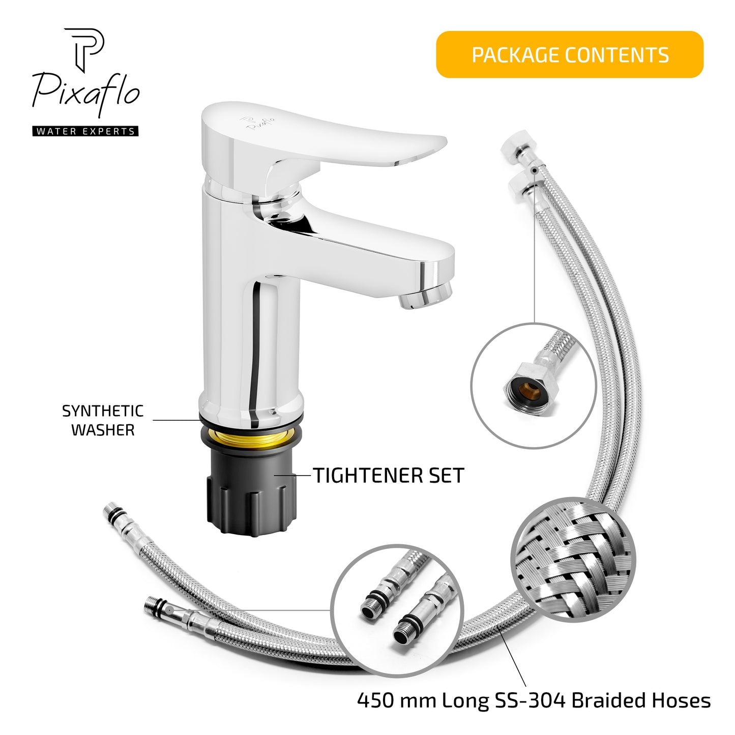 Pixaflo Seaduck Brass Single Lever Basin Mixer Tap with 18 inches Braided Hoses | Hot & Cold Deck Mounted Faucet | Chrome Finish