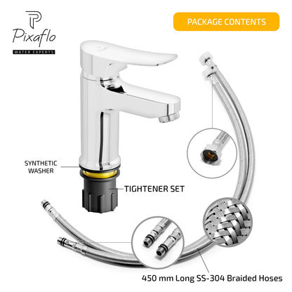 Pixaflo Seaduck Brass Single Lever Basin Mixer Tap with 18 inches Braided Hoses | Hot & Cold Deck Mounted Faucet | Chrome Finish