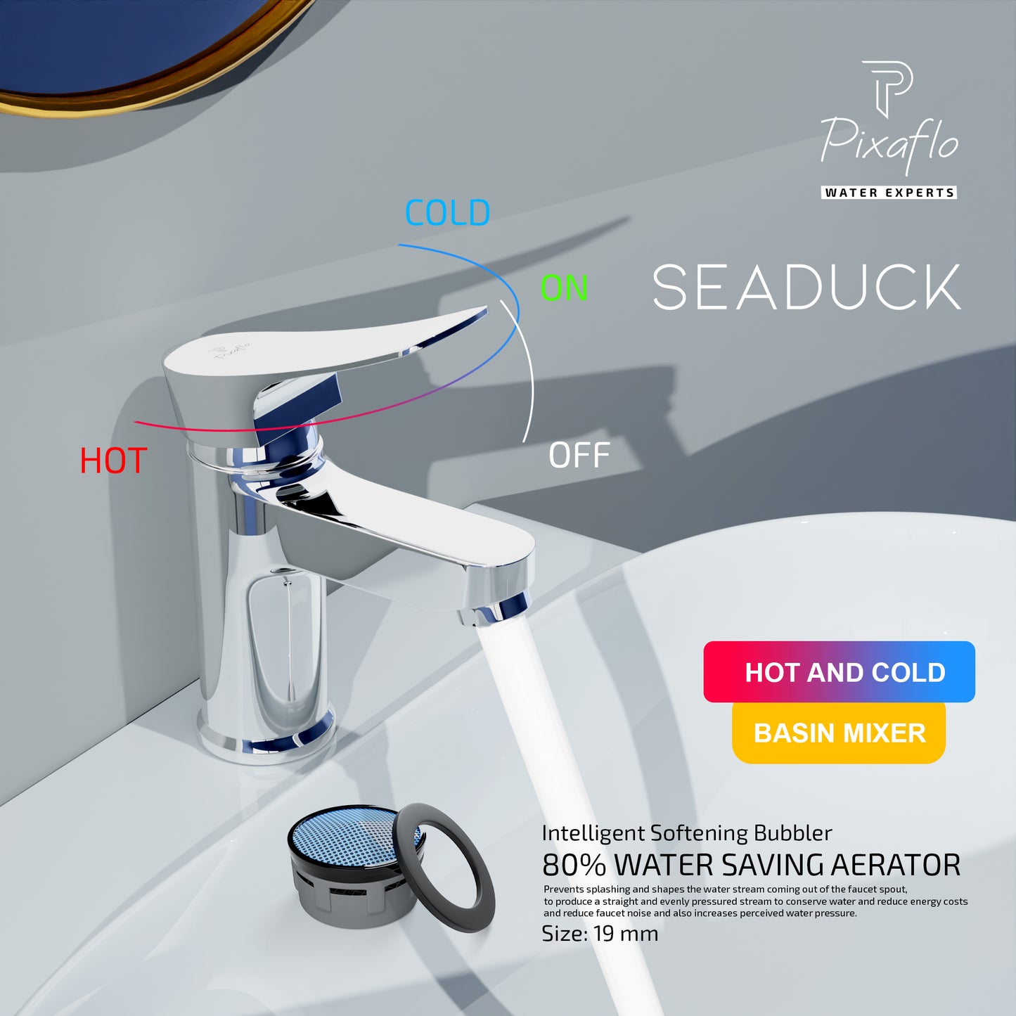 Pixaflo Seaduck Brass Single Lever Basin Mixer Tap with 18 inches Braided Hoses | Hot & Cold Deck Mounted Faucet | Chrome Finish