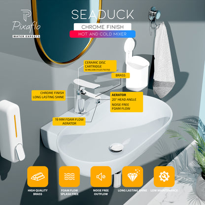Pixaflo Seaduck Brass Single Lever Basin Mixer Tap with 18 inches Braided Hoses | Hot & Cold Deck Mounted Faucet | Chrome Finish